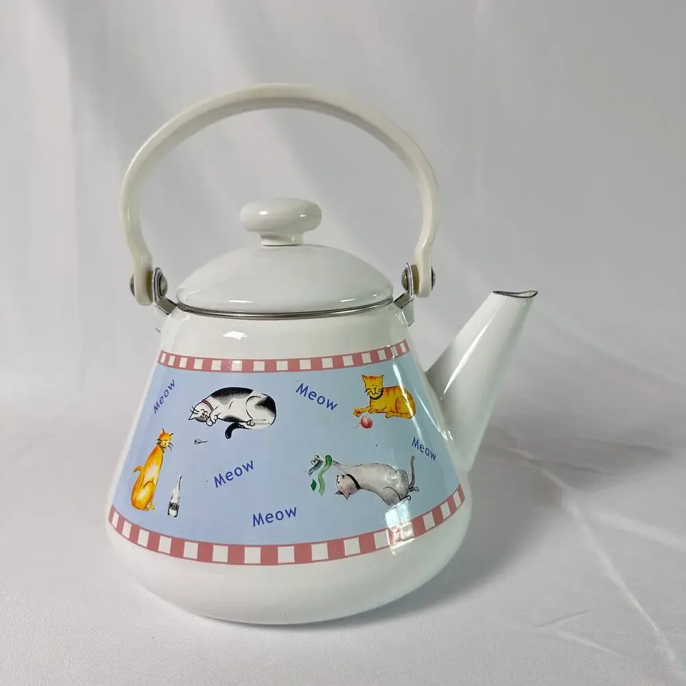Vintage 80s Kitsch Whimsical Cat Enamel Kettle
